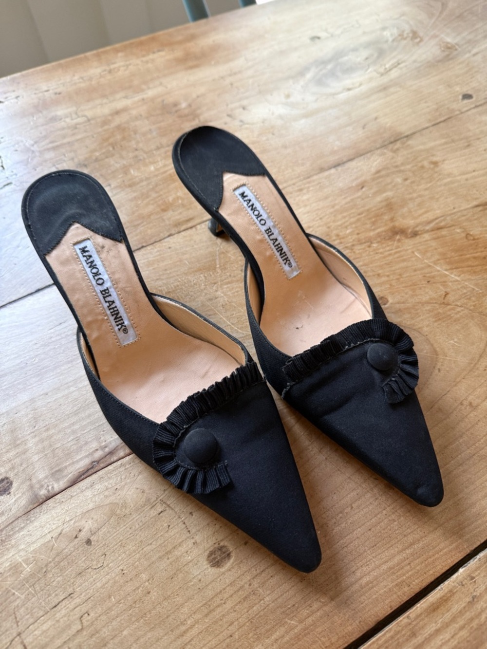 Manolo Blahnik Black Pointed Slingback Mules with Pleated Trim